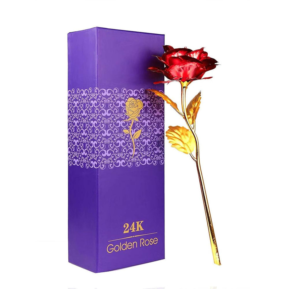 Creative Artificial 24K Gold Rose Flower Plastic Long Stem Real Rose Dipped In Gold With Gift Box For Mother'S Day, Valentine'S Day, Birthday, Anniversary, Thanksgiving Day (Red+Gold)