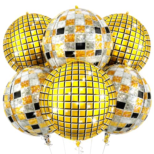 6pcs 22 Inch Multicolor Disco Ball Balloons, Gold Big Disco Balloons, Black Silver Gold 4d Large Foil Aluminum Balloon For Birthday Baby Shower 70s 80s 90s Theme Party Wedding Engagement Graduation