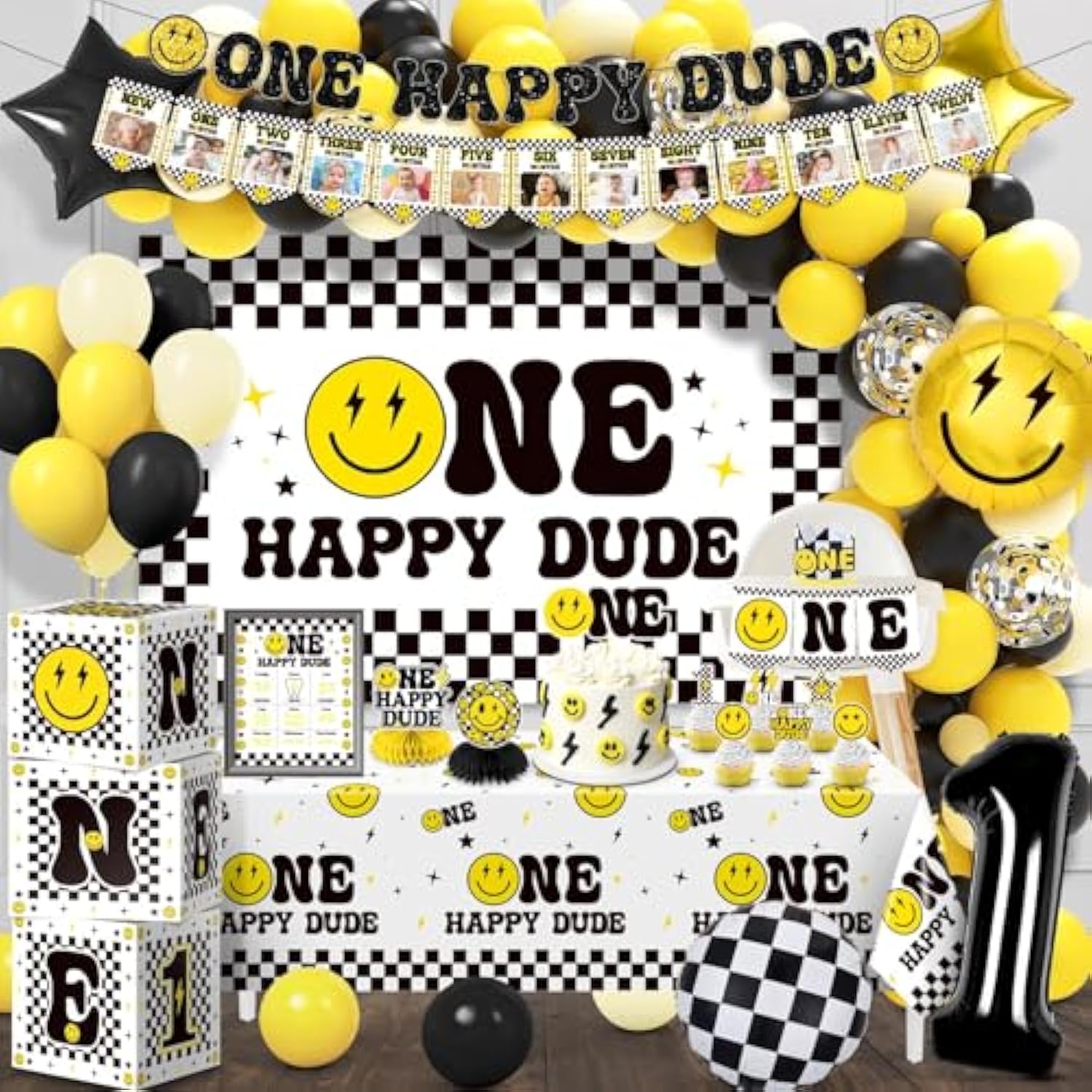 One Happy Dude Birthday Decorations, All-In-One 1St Supplies Decorations Boy, One Happy Dude Theme First Bday Supplies For Boy, Black And Yellow 1 Year Old Birthday Decorations