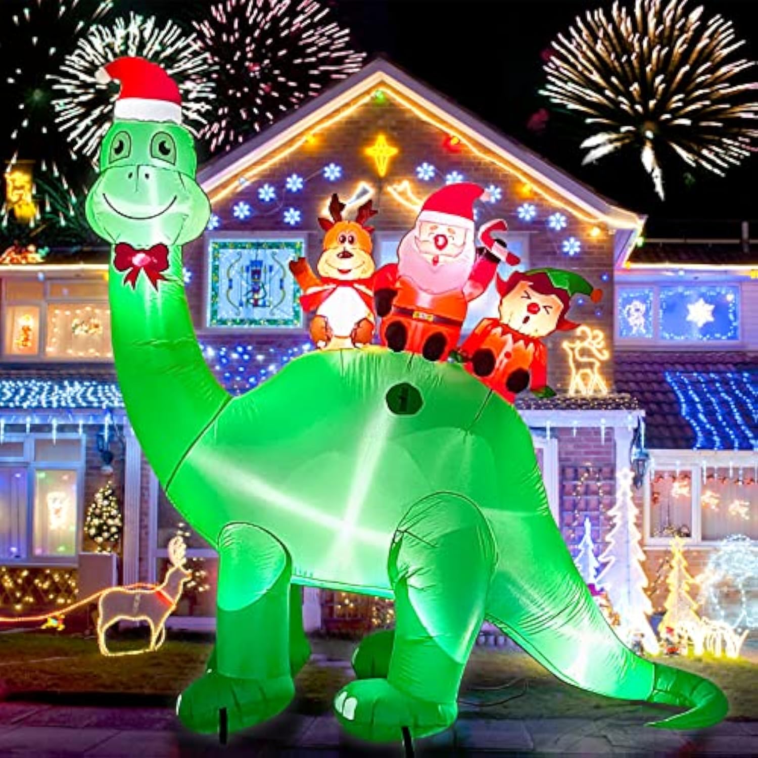 7Ft Christmas Inflatables Outdoor Decorations Dinosaur With Elk Elf Santa Claus Blow Up Yard Decorations With Built-In L