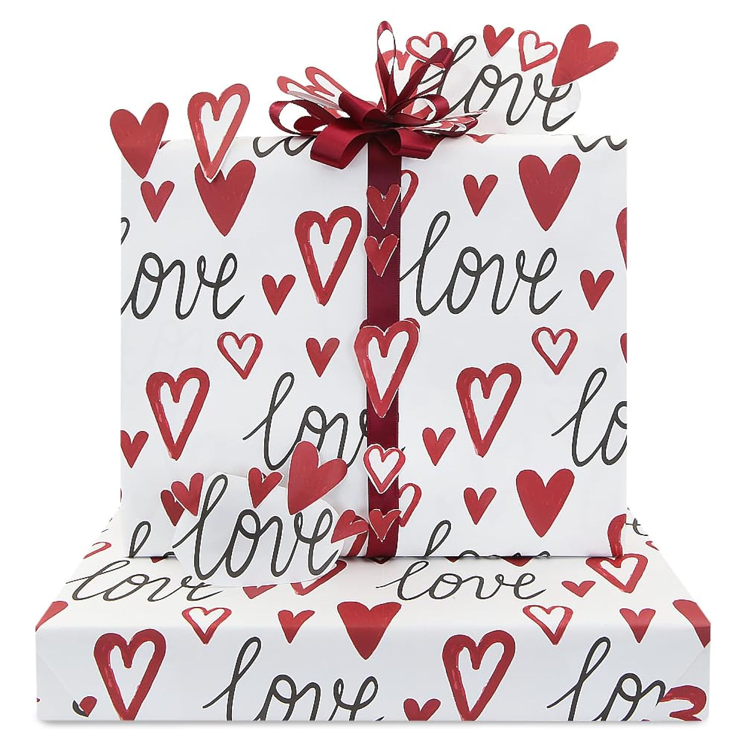Valentine'S Day Romantic Wrapping Paper Black Love And Red Hearts In Various Size On White Wrapping Paper Set Of 4 Sheets With Wine Red Silk Ribbon For Wedding Anniversary Baby Shower Birthday Holiday