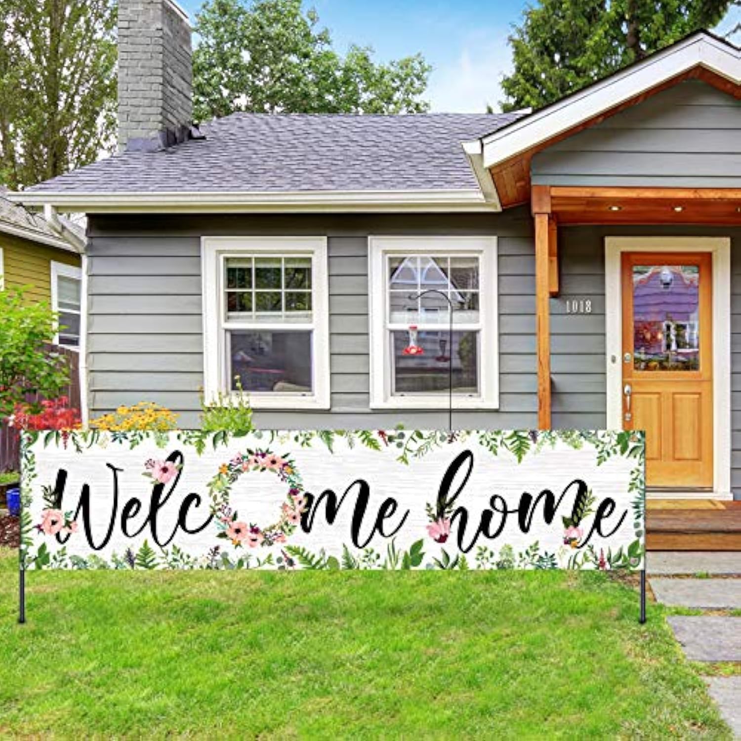 Large Welcome Home Banner 71 X 15.7 Inches Spring Summer Fall Flower Cluster Welcome Banner Yard Sign Decoration Home Garland Hanging Photo Booth Background (White Background With Grass)