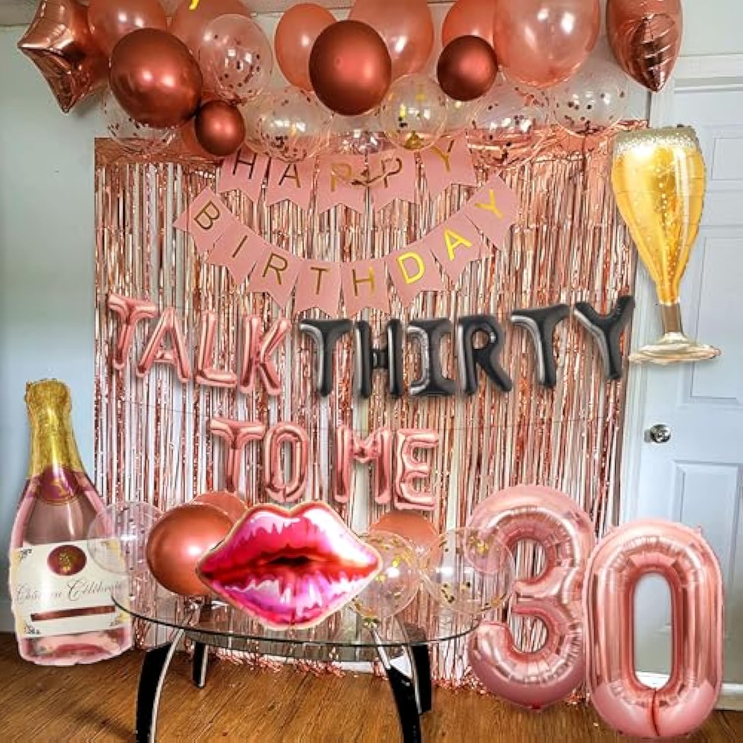 53-pc rose gold “Talk 30 to Me” balloons, backdrop & banner for 30th birthday decor