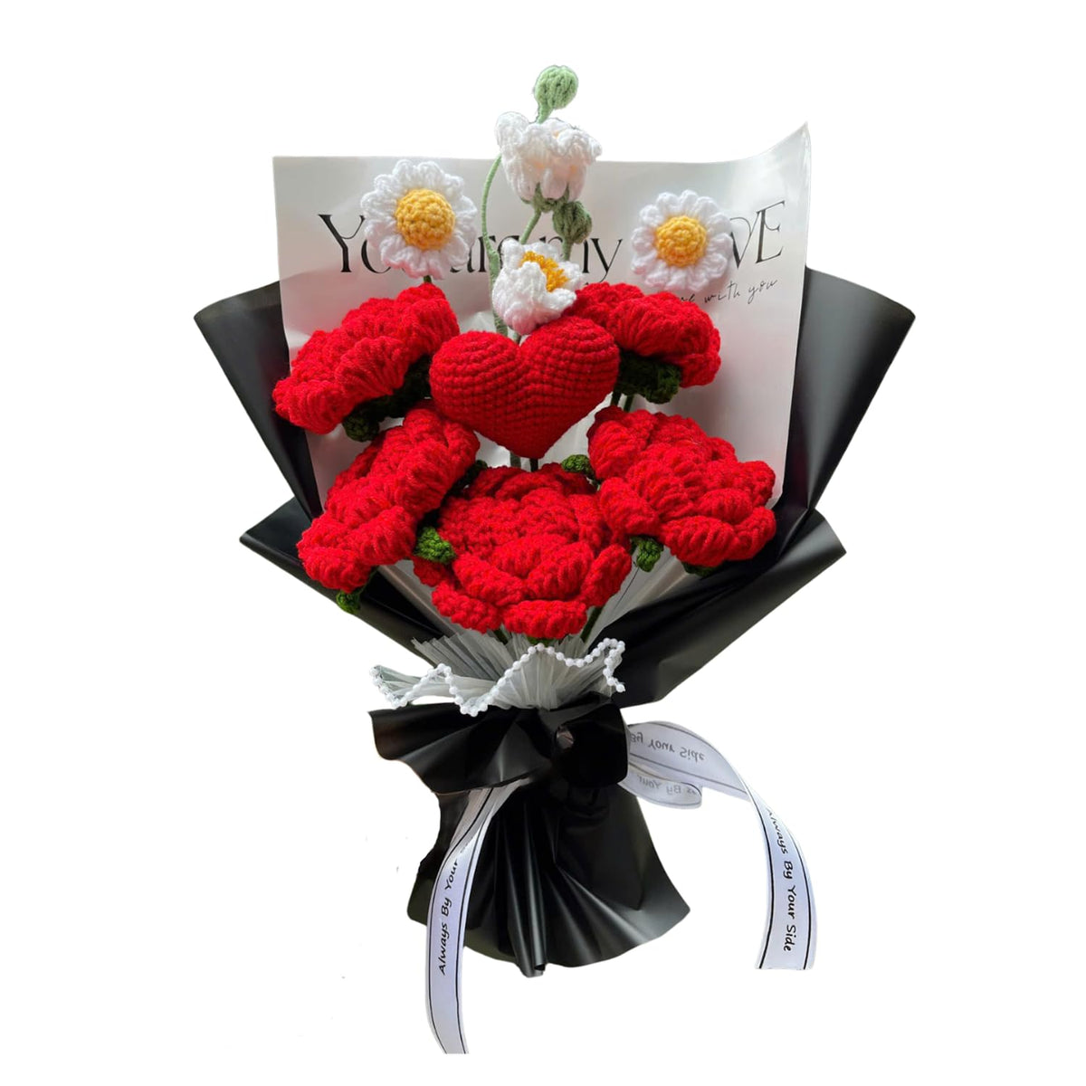 Completed Red Heart Crochet Flowers Bouquet, Handmade Knitted Bouquet For Valentine, Couple, Crochet Artificial Flowers Of Rose As Gift For Mother, Friends, Daughter, Home Decor (Red Rose)