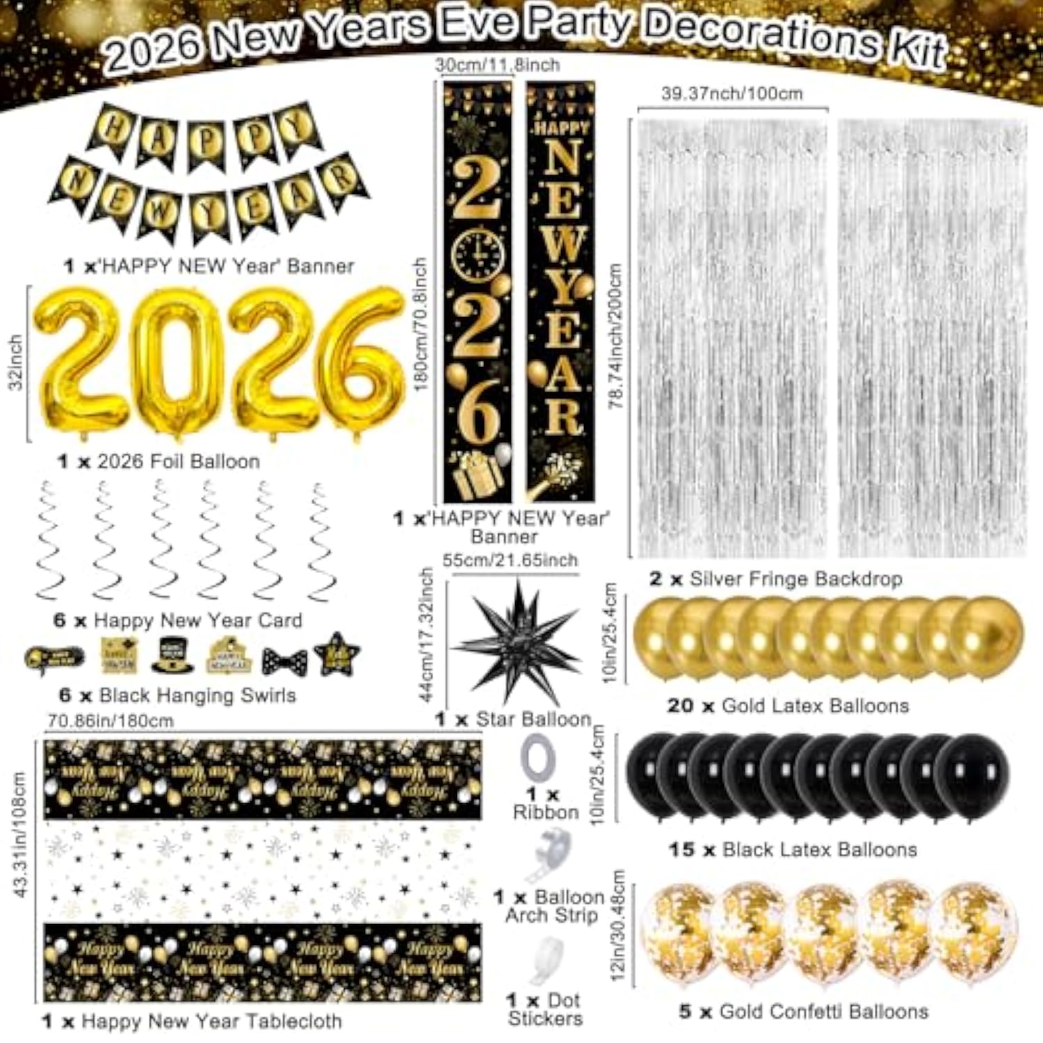 Happy New Year 2026 Party Supplies Banner Backdrop Tablecloth Foil Balloons