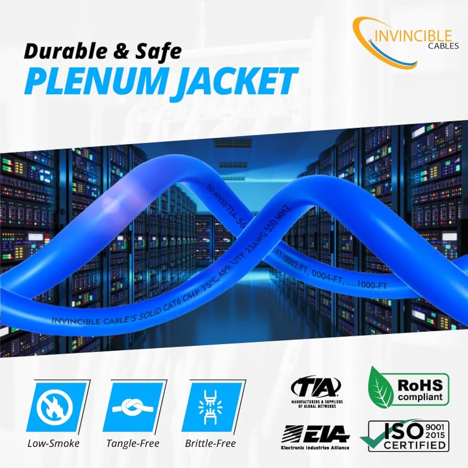 Cat6 Plenum (Cmp) 1000Ft Cable | 100% Solid Copper Conductors | 550 Mhz,23Awg