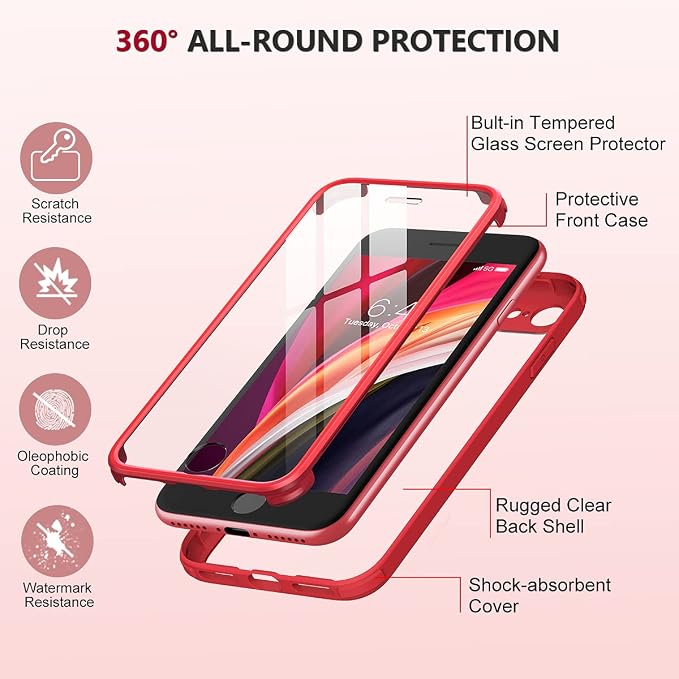 iPhone SE 3rd 2nd Gen 2022 2020 Case Full Body Built-in Glass Screen Protector Red
