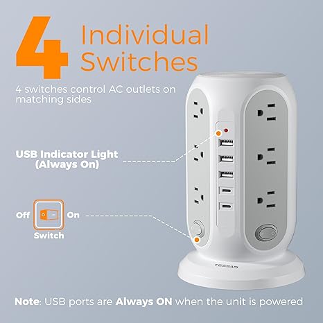 Tower Surge Protector Power Strip with 12 Outlets 5 USB Ports 2 USB C 10FT Extension Cord