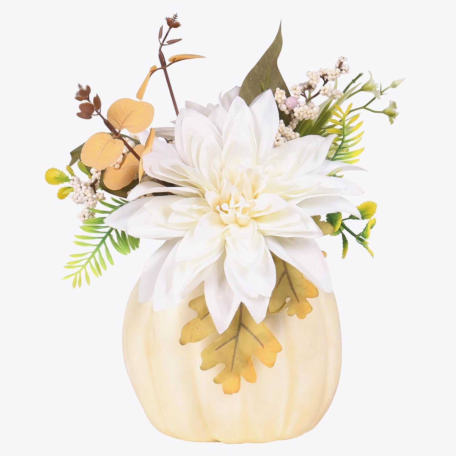 Fall Pumpkins Decor, White Artificial Flower Plant Berry Foam Faux Big Pumpkins Decorations, For Autumn Harvest Thanksgiving Wedding Fireplace Table Centerpieces Party Decor.