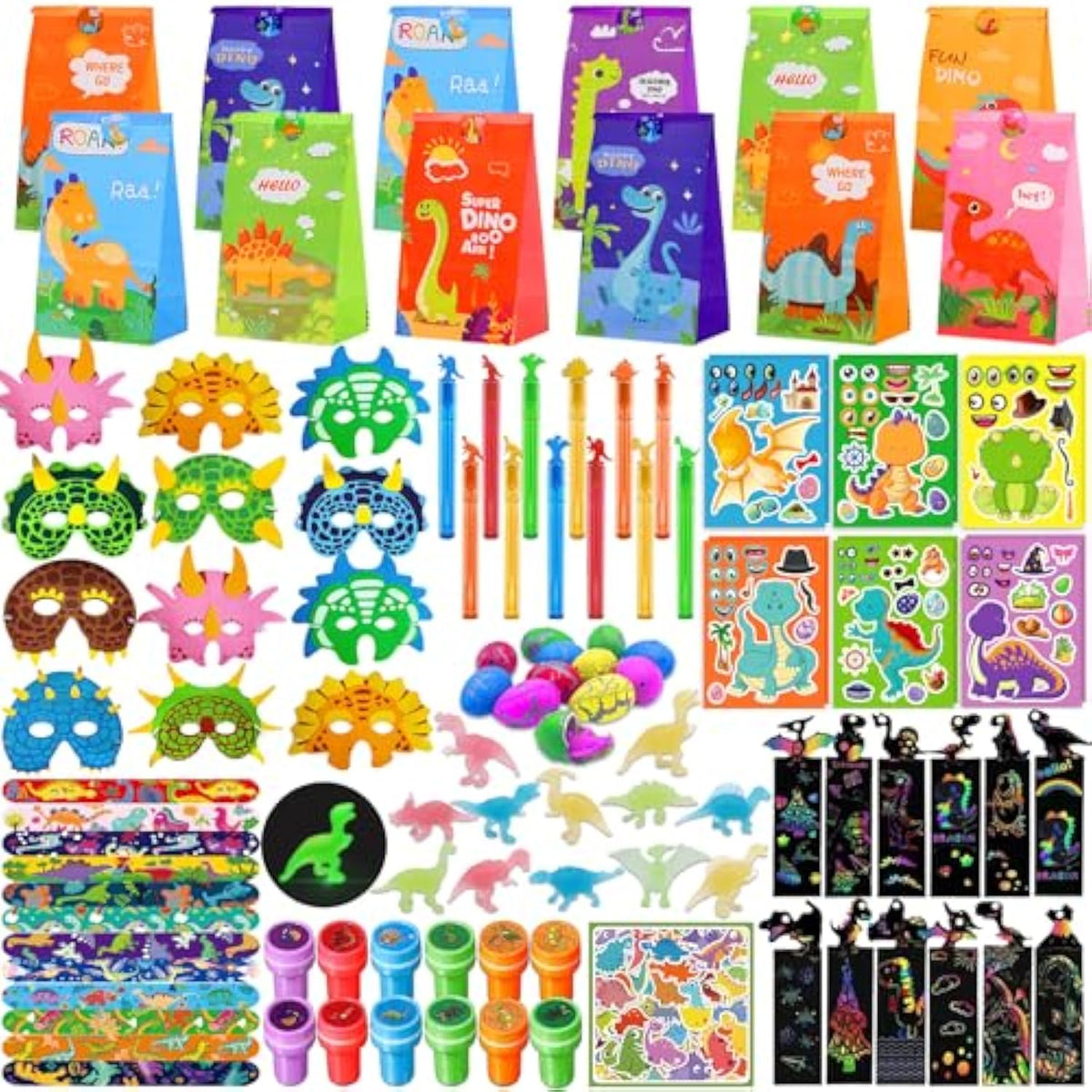 168Pcs Dinosaur Birthday Party Favors, Dino Party Favors Include Masks Bubble Stamps Hatching Eggs Bags Craft Bookmarks Diy Stickers Slap Bracelets For Dinosaur Birthday Party Decorations Supplies