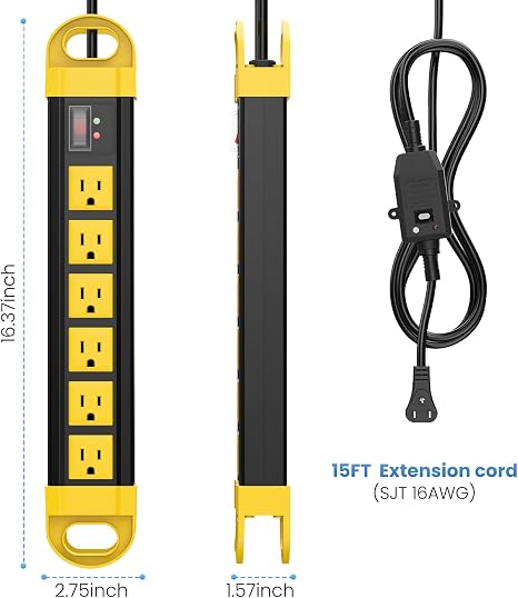 GFCI Outdoor Power Strip 6 Outlets 2700J Surge Protector IPX6 Waterproof 15FT
