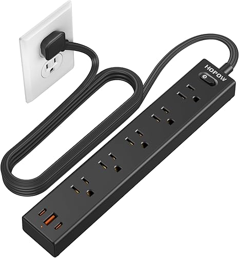 Surge Protector Power Strip 6FT Flat Plug Extension Cord with 5 Outlets 4 USB Ports 2 USB C 1700J