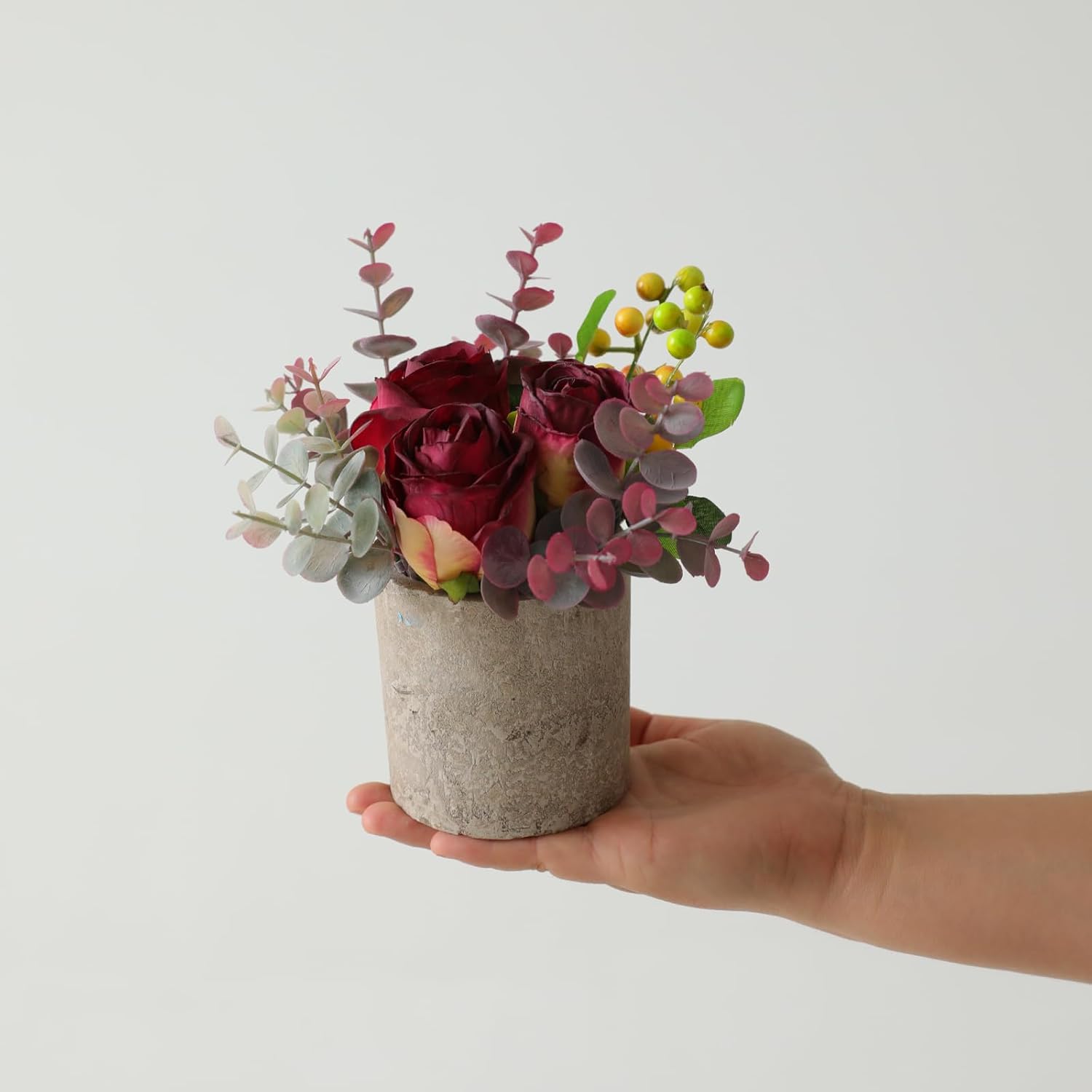 Artificial Flowers Kit With Pot, Combination Of Fake Silk Burnt Burgundy Roses And Greenery,Small Plant Potted Decor For Offices,Bookshelf,Bedroom, Living Room,Party,Wedding Decorations