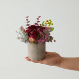 Artificial Flowers Kit With Pot, Combination Of Fake Silk Burnt Burgundy Roses And Greenery,Small Plant Potted Decor For Offices,Bookshelf,Bedroom, Living Room,Party,Wedding Decorations
