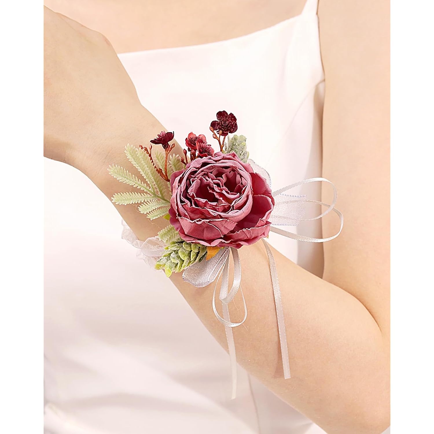 Bridal Flower Wrist Corsage Artificial Floral Wristlet Bridesmaid Hand Flower Bracelet Wristband For Wedding Prom Ceremony Party (Flower 1 - Pink)