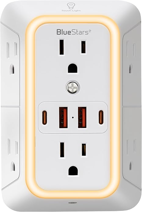 Wall Mount Surge Protector Outlet Extender 6 Outlets 4 USB Ports Night Light 1800J White