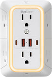 Wall Mount Surge Protector Outlet Extender 6 Outlets 4 USB Ports Night Light 1800J White