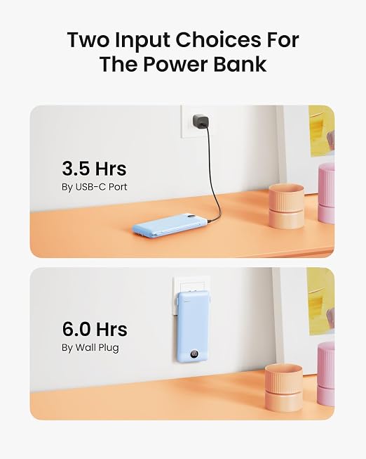 10000mAh Slim USB C Power Bank with Built In Cables Wall Plug and LED Display Blue