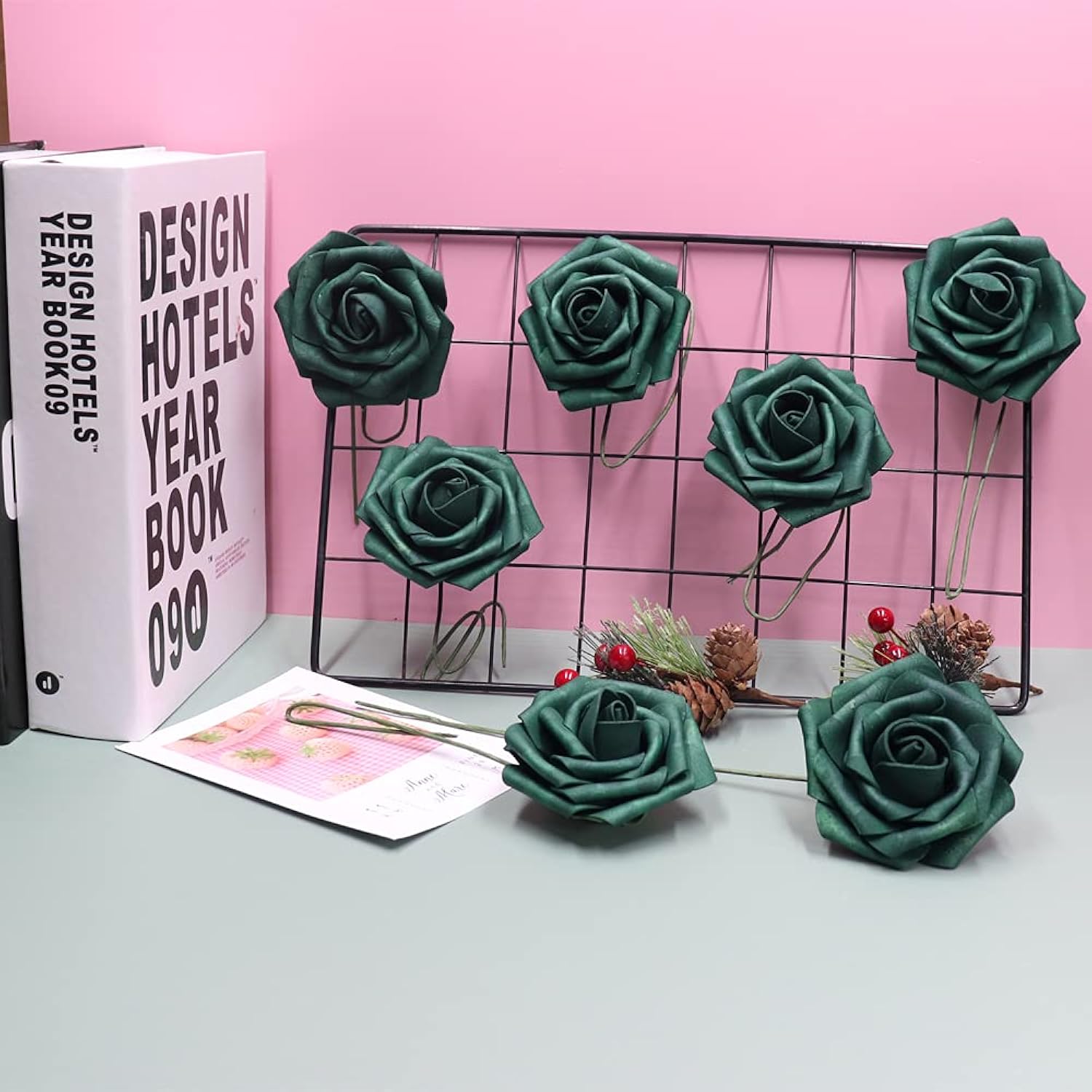 50Pcs Artificial Flower?Real Touch Artificial Foam Roses Decoration Diy For Wedding Bridesmaid Bridal Bouquet Centerpieces Party -Army Green