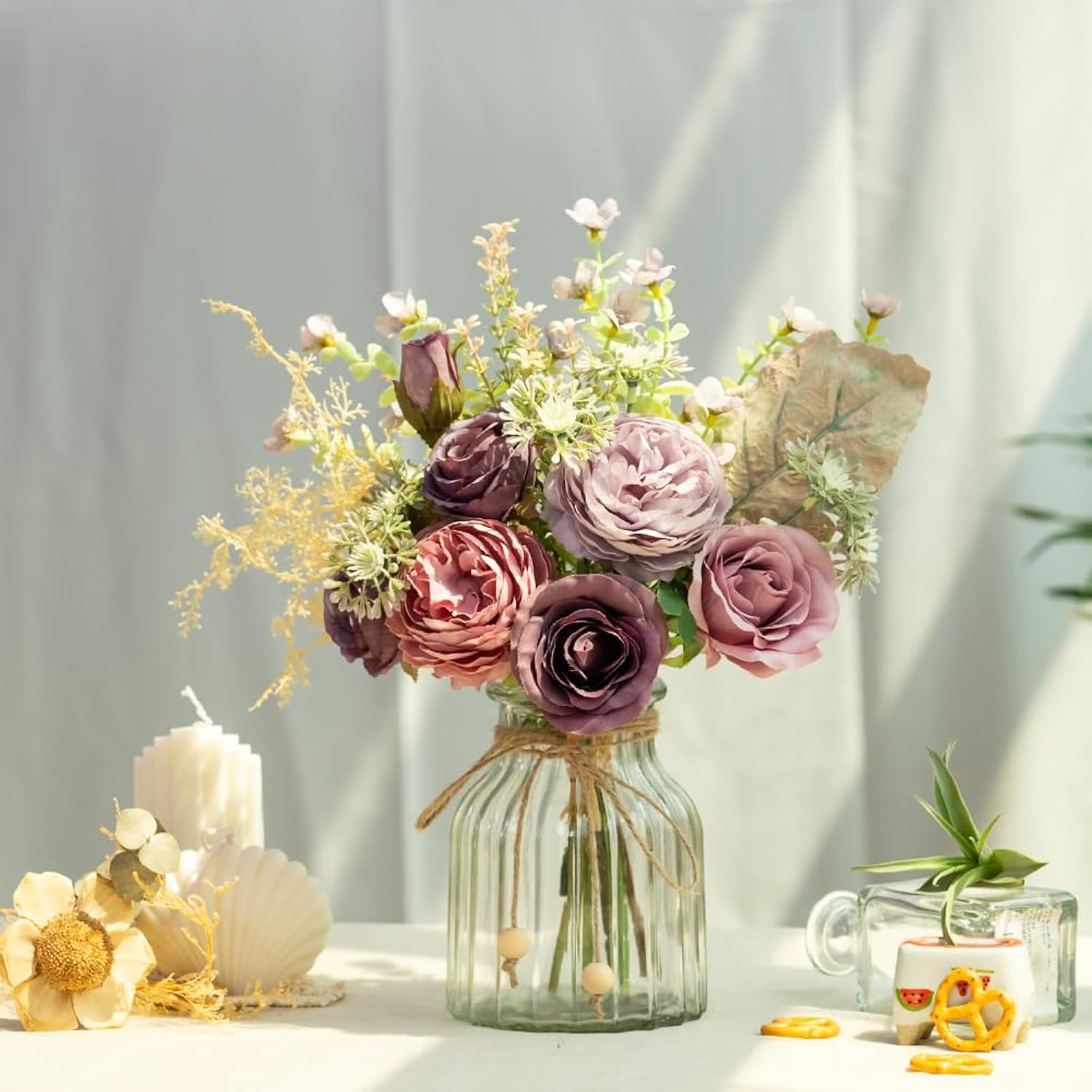 Fake Artificial Flowers With Vase Faux Silk Flower Bouquet In Glass Vase Rose Floral Arrangements Flower For Home Office Decoration, Dining Table Centerpiece (Purple)