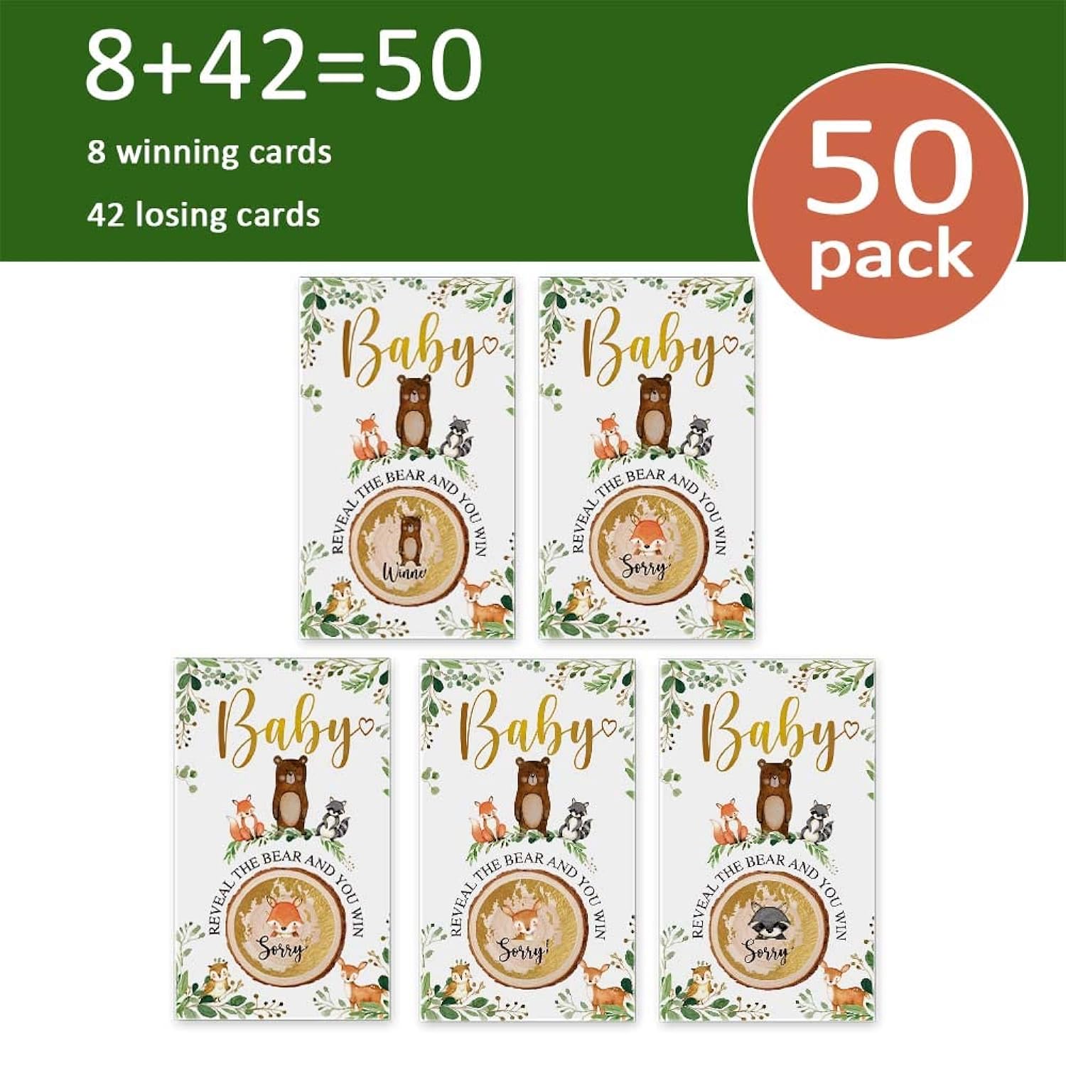 50 Pieces Woodland Baby Shower Scratch Off Game, Woodland Forest Animals Neutral Boy Girl Baby Shower Decorative Set, Printed Reveal Raffle Games Prizes Tickets Drawings Activity