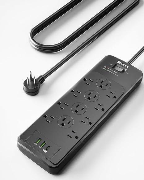 12 Outlet Surge Protector Power Strip 5FT Flat Plug 4080J 20W USB C Charging Black