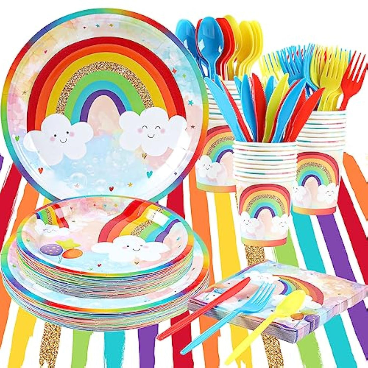 Rainbow Party Supplies, Happy Birthday Decorations For Girls & Boys -169Pcs Rainbow Party Tableware Set Include 9" And 7" Party Plates And Napkins Cups Utensils With Tablecloth For 24 Guests