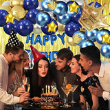 Gold & Silver Blue Birthday Party Decoration Set - Happy Birthday Banner, Balloons, Metallic Fringe Curtain, Golden Crown - Perfect For Girls, Boys, Men Or Women