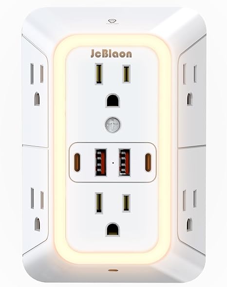 Wall Outlet Extender with Night Light 6 Outlets 4 USB Ports 2 USB C 1050J Surge Protector