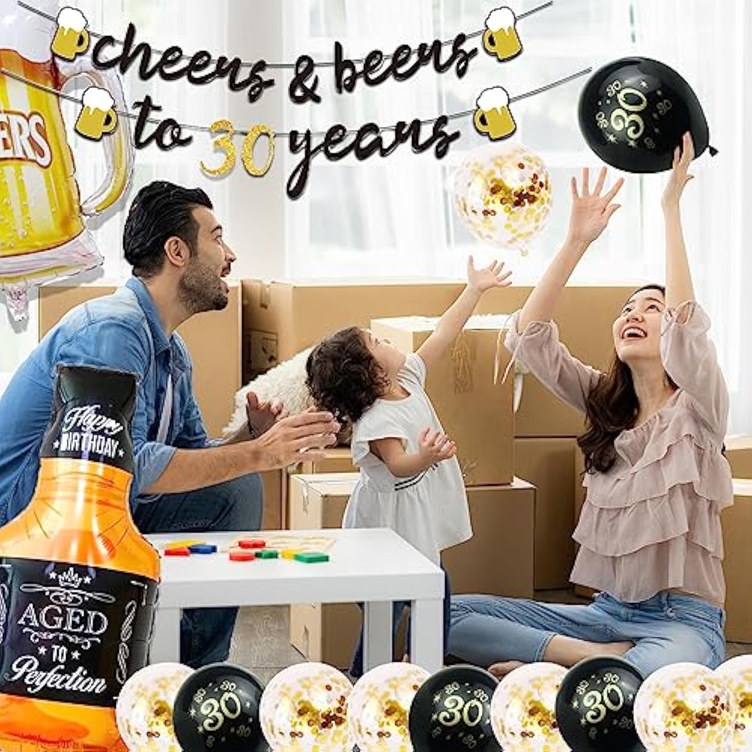 30th Birthday Decor - Gold 30 Balloons, Cheers Banner & Fringe Curtains