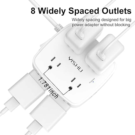 6FT Surge Protector Power Strip with 8 Outlets 4 USB Ports Flat Plug Wall Mount White