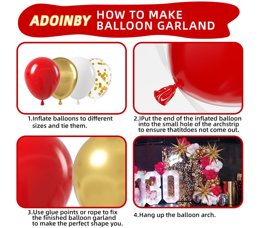 Red and Gold White Balloon Garland Arch Kit, 187Pcs Explosion Star Balloons Red White Metallic Gold Confetti Latex Balloon for Galentine's Valentine's Day Birthday Christmas Party Decoration
