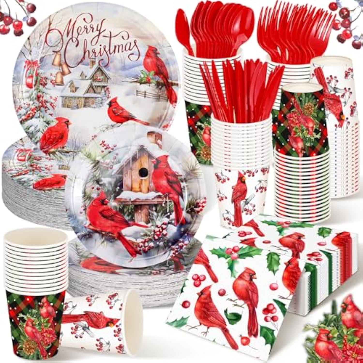 350 Pieces Christmas Disposable Dinnerware Set, Serves 50, Merry Christmas Paper Plates Red Cardinal Napkins Cups Cutlery For Christmas Holiday Dinner Party Decorations