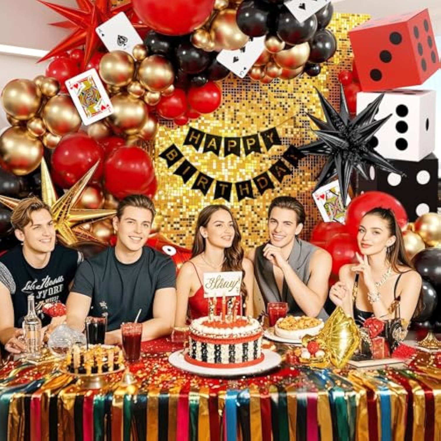 132Pcs Casino Theme Party Decorations, Dice Boxes Large Poker Cards Black Red Gold Balloon Garland Star Foil Balloons For Vegas Themed Party And Casino Night Birthday Celebrations