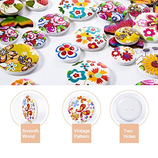 250 Pieces Wooden Buttons Flower Butterfly Mixed Button Vintage Painti