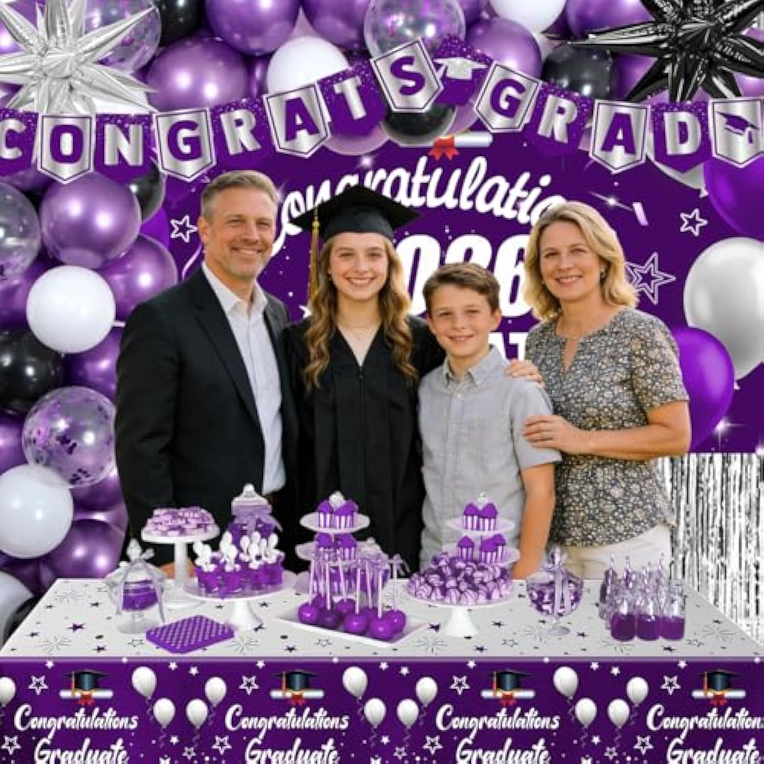 Graduation Decorations 2026, 71 Pcs Purple Themed Set, Graduation Party Decoration With Confetti Foil Balloons, Congrats Grad Banner, Tablecloth Fringe Backdrop