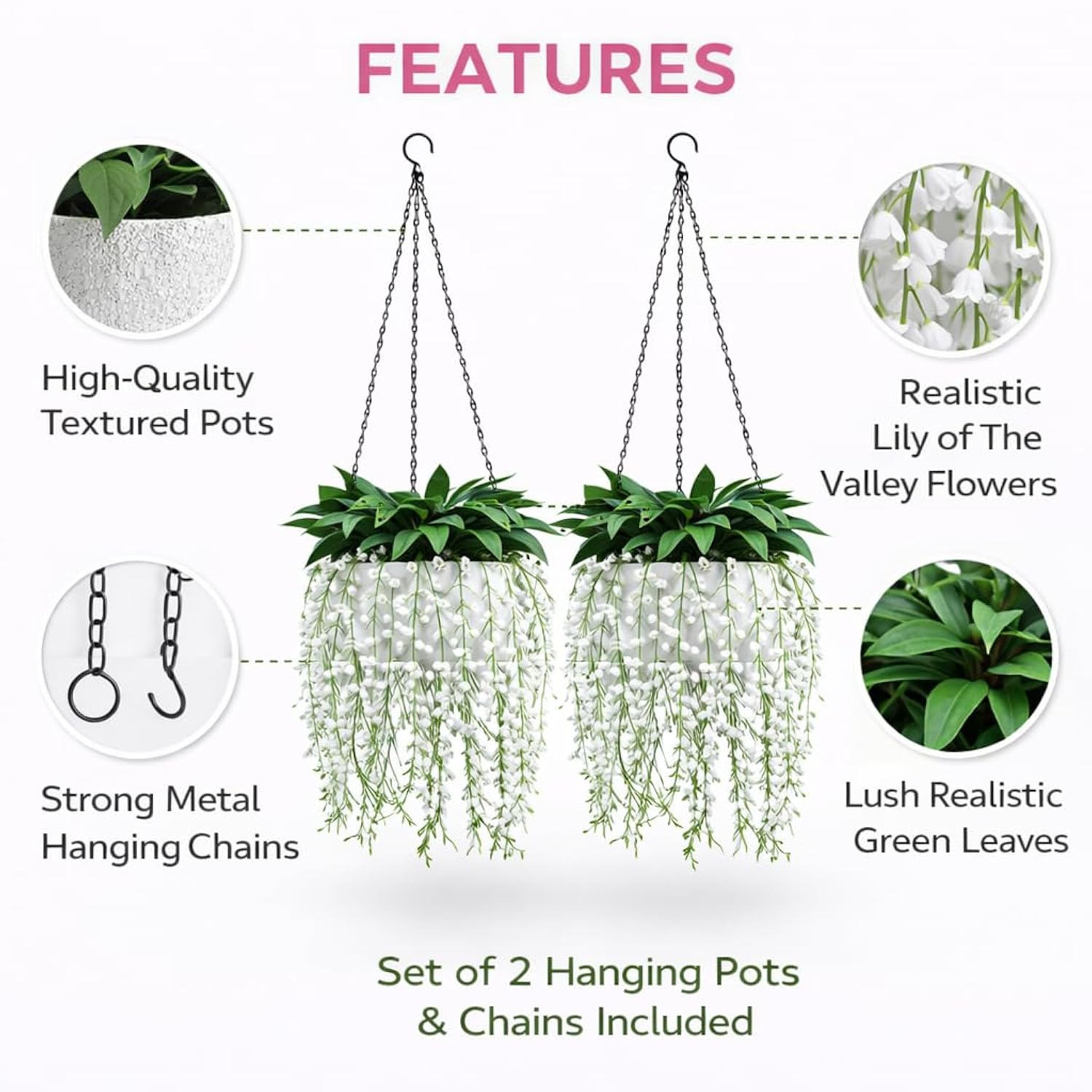 Fake Plants Lily Of The Valley, Set Of 2 Potted Lily Of The Valley Plants – Soft Green Stems With White Blooms, Elegant Fake Hanging Flowers For Home Office Balcony Patio.
