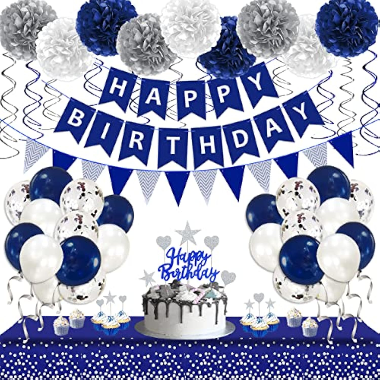 Navy Blue & Silver Men's Birthday Decor Kit with Balloons, Banner, Tablecloth and More