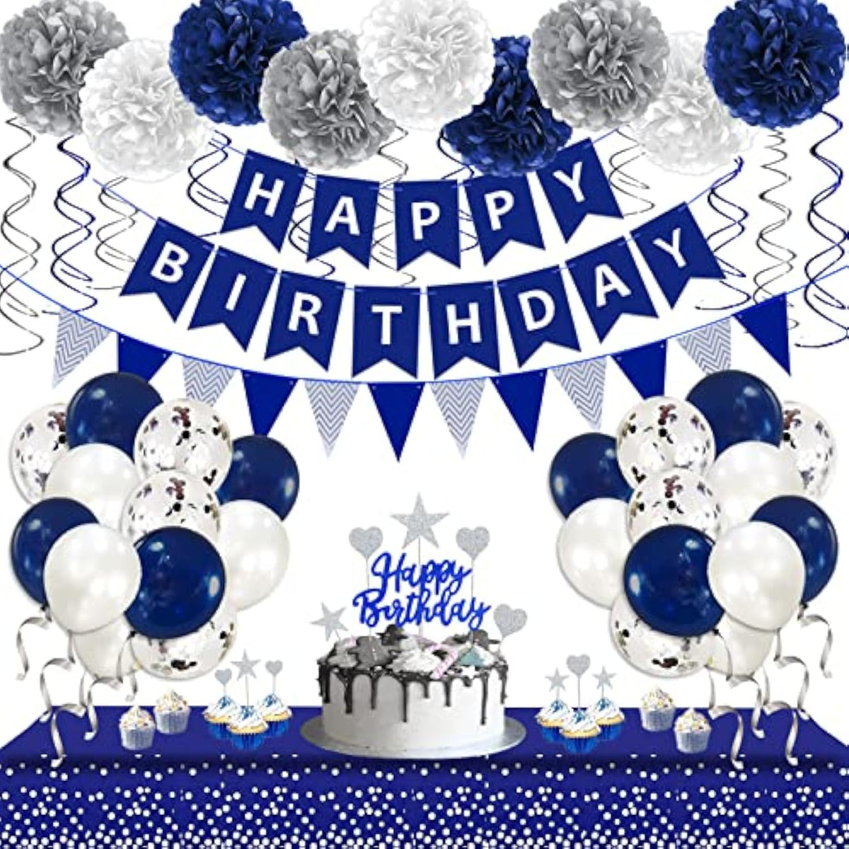 Navy Blue & Silver Men's Birthday Decor Kit with Balloons, Banner, Tablecloth and More