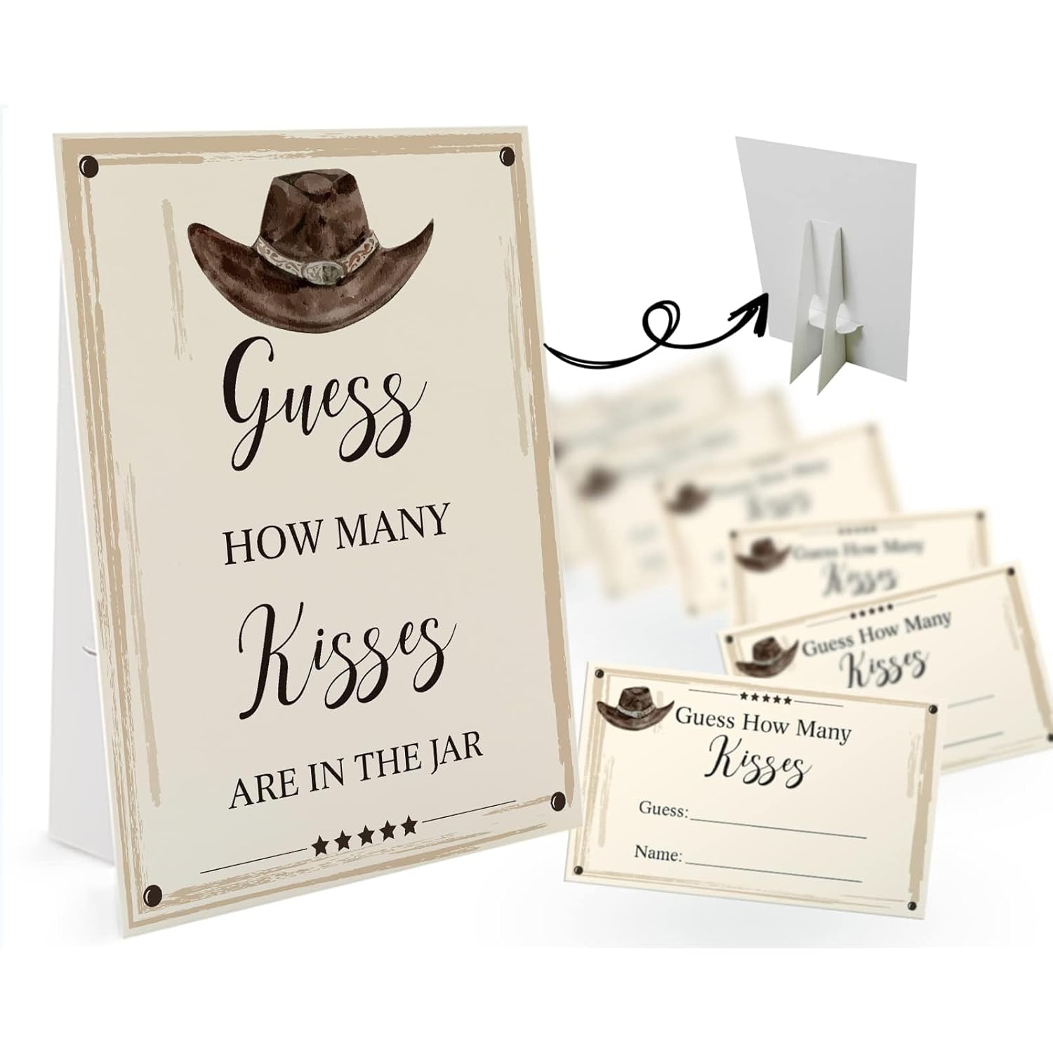 How Many Kisses Are In The Jar Game-1 Standing Sign And 50 Guessing Cards, Cowboy Bridal Shower Games, Baby Shower Sign, For Boys Girls Baby Shower Favors And Weddings Party Decoration-08