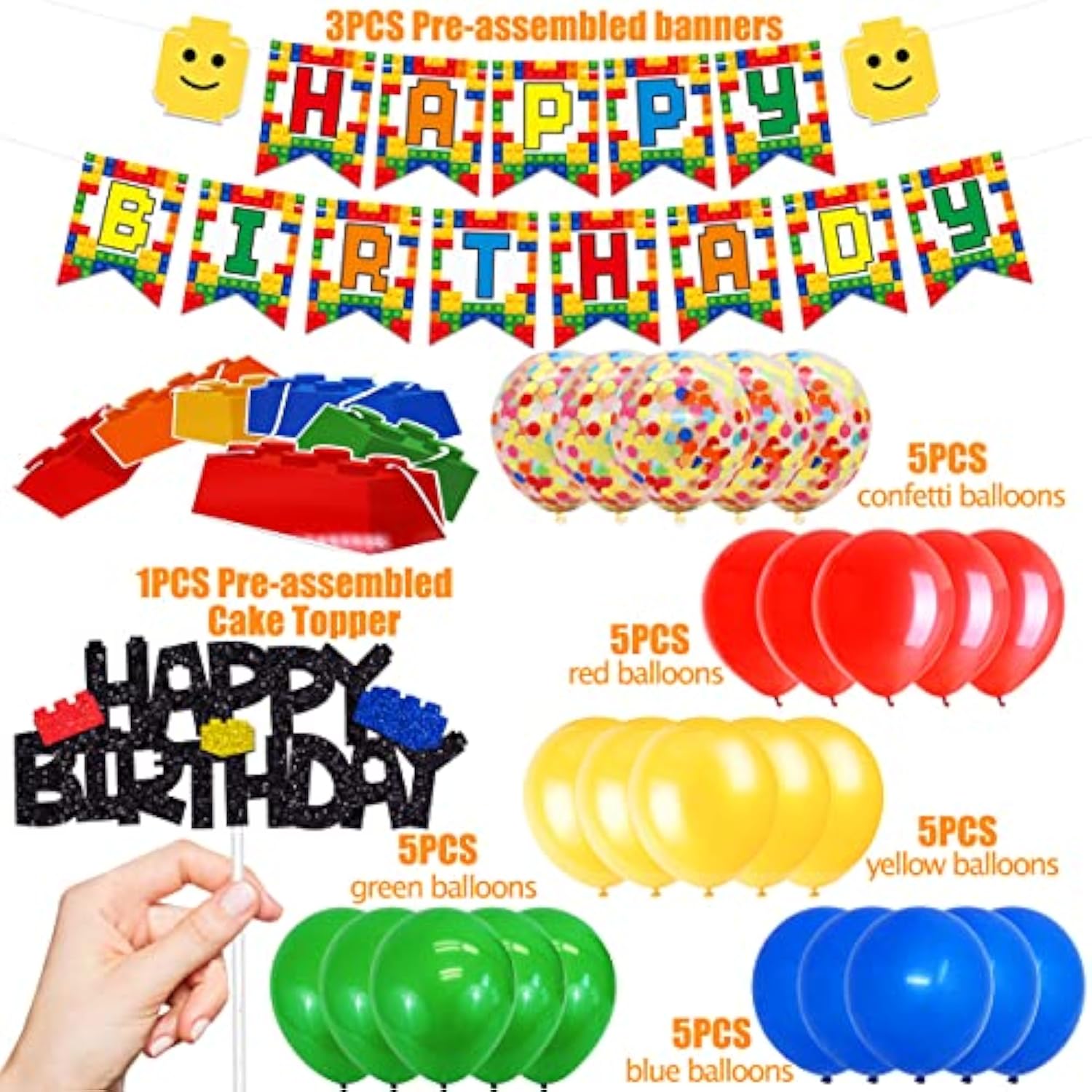Building Blocks Themed Birthday Party Decorations Pack - Includes Glitter Cake Topper Banners And Balloons - Summer Colorful Themed Bday Party Pack Supplies