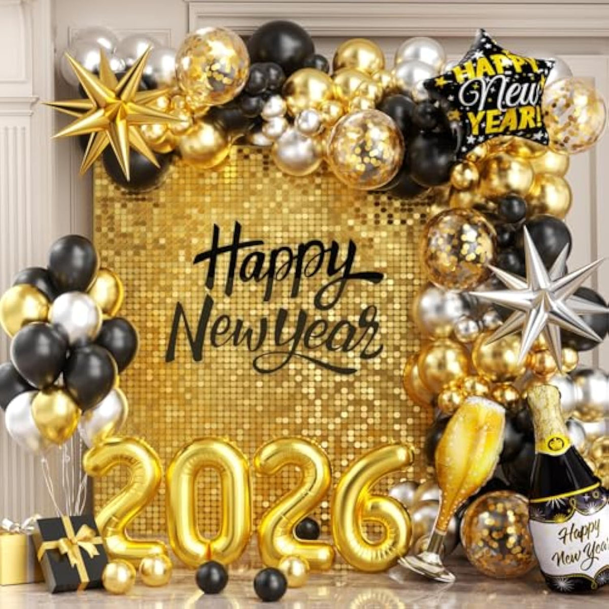 New Year 2026 Balloon Arch Black Gold Silver Confetti Party Supplies