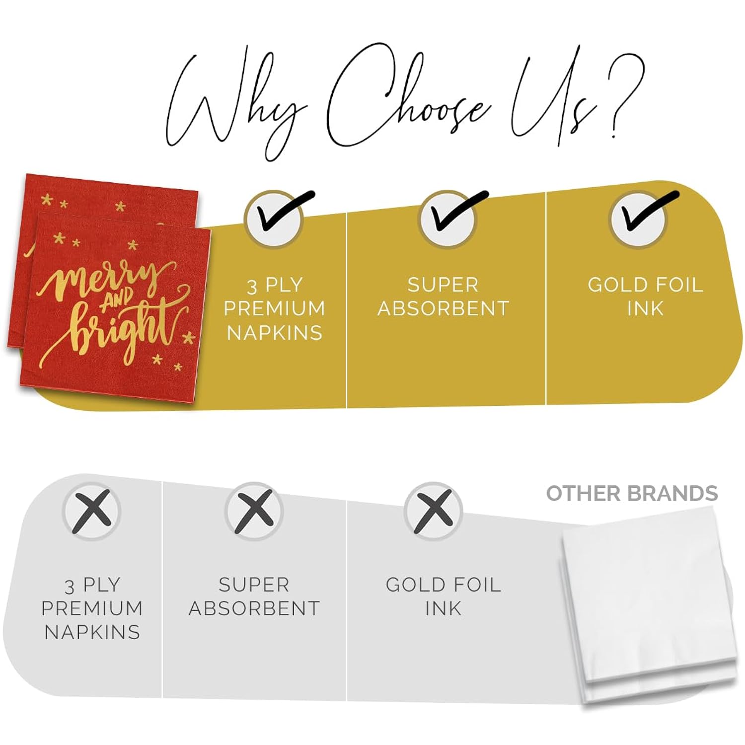 Merry And Bright Christmas Napkins 50 Pcs - Gold Foil Christmas Cocktail Napkins Paper, Christmas Paper Napkins, Christmas Dinner Napkins, Holiday Cocktail Napkins, Merry And Bright Christmas Decor