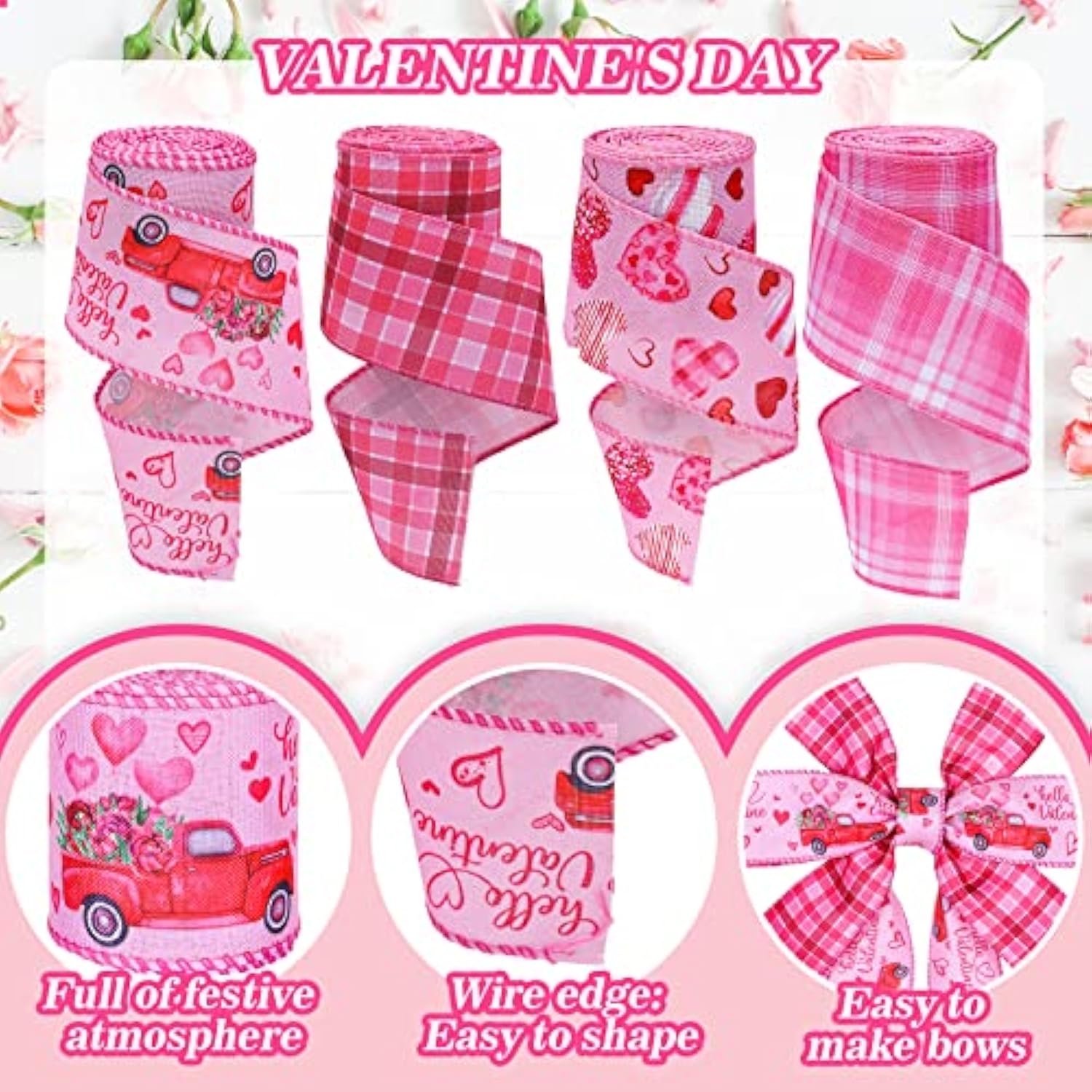 Valentine'S Day Wired Edge Ribbon Heart Truck Buffalo Plaids Fabric Ri