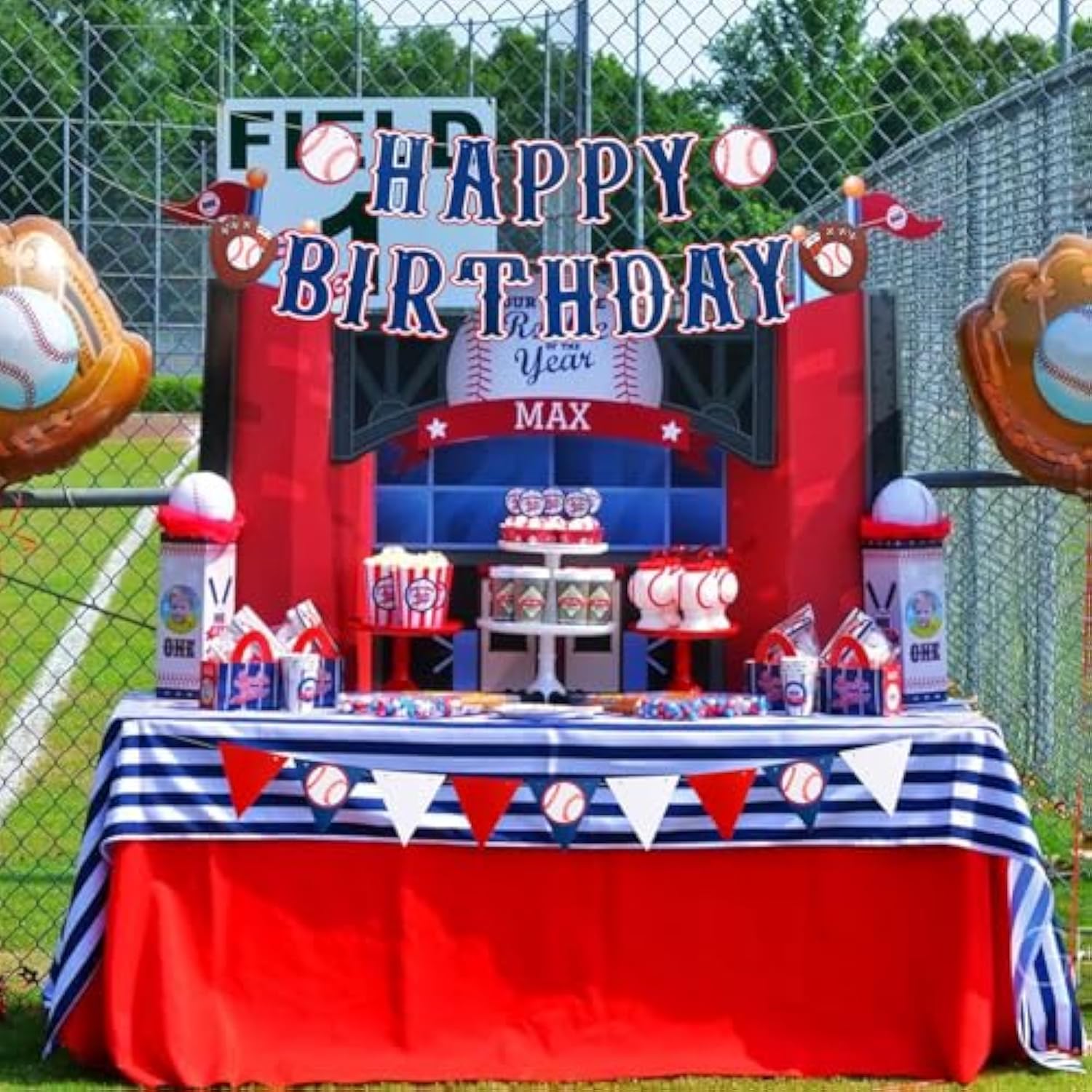 3 Pcs Blue Baseball Banner, Pre-Strung Happy Birthday Bunting for Boys' Party Decor