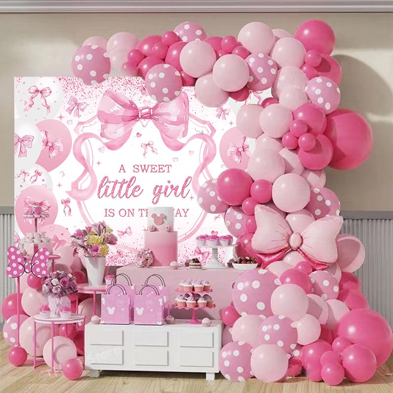 Pink Bow Baby Shower Backdrop for Girls 7x5FT A Sweet Little Girl is On His Way Banner Background Welcome Baby Girl Baby Shower Party Decorations Supplies Photo Props