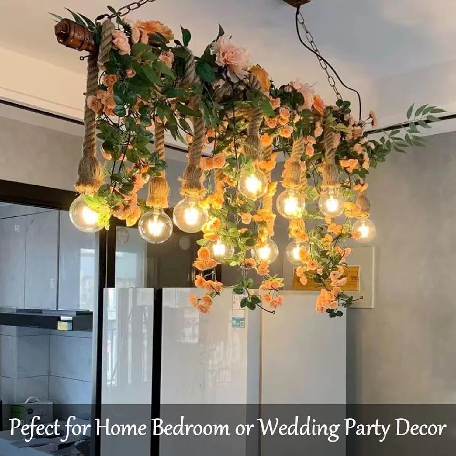 Artificial Flower Garland With 20 Led String Lights, 6Ft Hanging Rose Flower Vine Garland Decorations For Garden Wedding Flower Table Decor Birthday Party Indoor Bedroom Wall Room