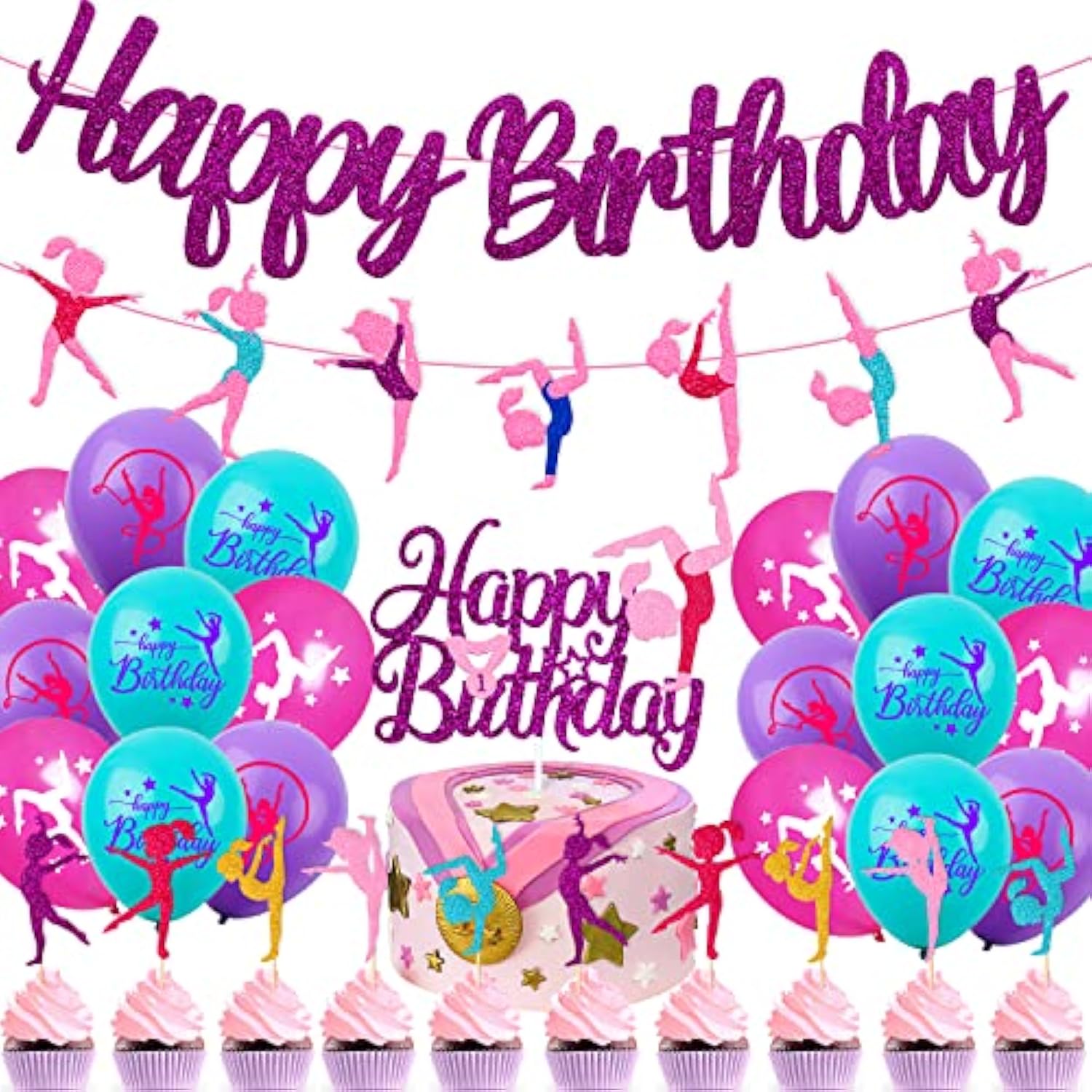 52 Pcs Gymnastics Birthday Decoration Set Gymnast Happy Birthday Banner Cake Topper 25 Cupcake Toppers Gymnastics Balloons For Girl Bday Glitter Party Supplies