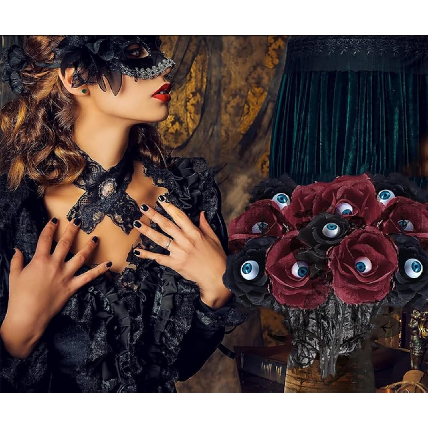 10 Artificial Roses With Eyeballs For Halloween Party Rose Bouquet, Used For Flower Arrangement, Party Home Decoration (Red Black)