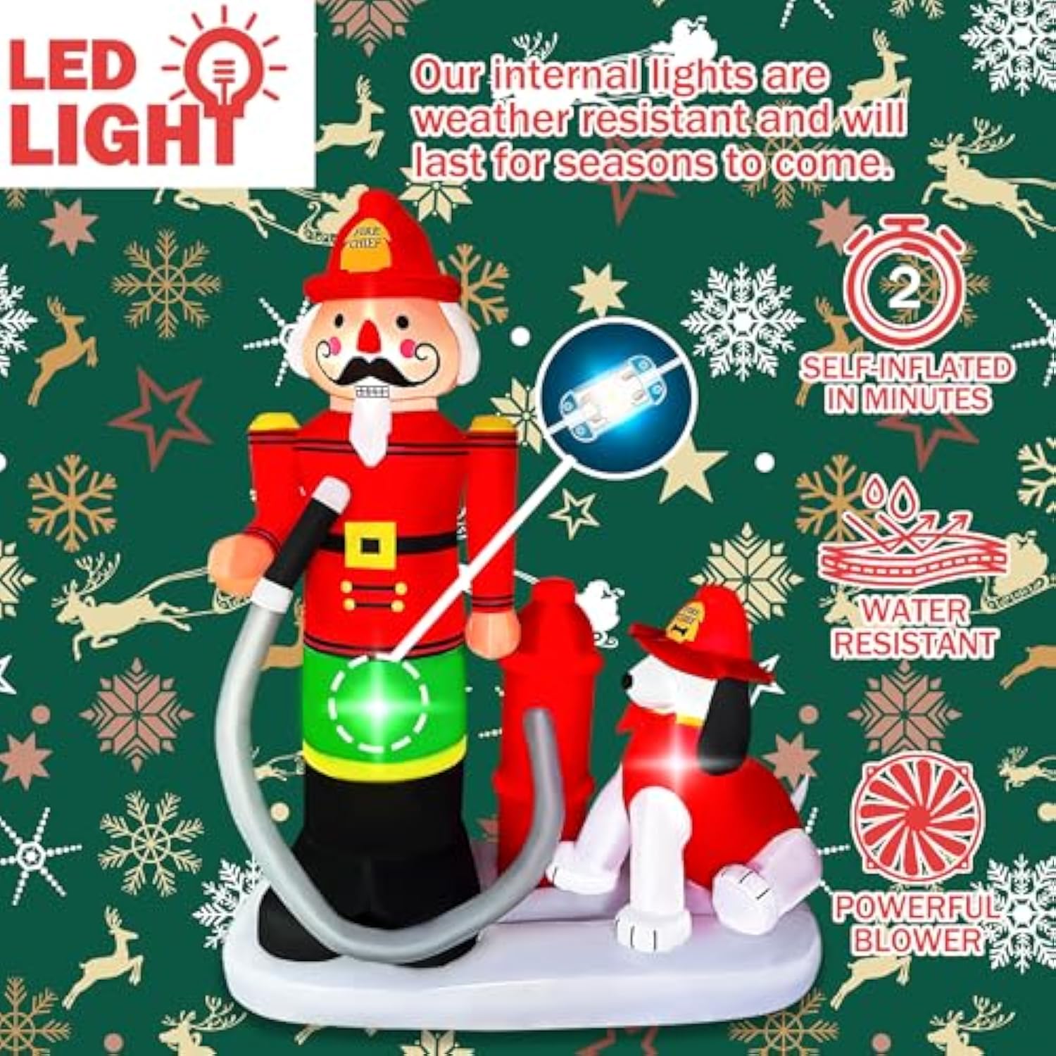 7 Ft Christmas Inflatables Fire Fighter With Dog Decorations, Led Lighted Xmas Blow Up Puppy For Party Indoor Outdoor Ga